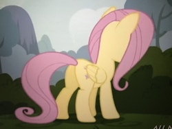 Size: 4032x3024 | Tagged: safe, screencap, fluttershy, pegasus, pony, g4, it ain't easy being breezies, butt, cropped, female, folded wings, mare, plot, solo, tree