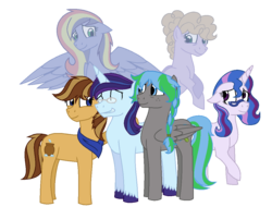 Size: 1072x864 | Tagged: safe, artist:a-chatty-cathy, oc, oc only, oc:confetti surprise, oc:feather fieldgoal, oc:paint swirl, oc:radiant jewel, oc:royal splendor, oc:spittoon spur, earth pony, ghost, pegasus, pony, unicorn, kindverse, female, glasses, magical gay spawn, male, offspring, parent:blossomforth, parent:braeburn, parent:cheese sandwich, parent:fancypants, parent:pinkie pie, parent:rainbow dash, parent:rarity, parent:sheriff silverstar, parent:soarin', parent:thunderlane, parents:blossomlane, parents:cheesepie, parents:raripants, parents:silverburn, parents:soarindash, simple background, transparent background