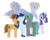 Size: 1072x864 | Tagged: safe, artist:a-chatty-cathy, oc, oc only, oc:confetti surprise, oc:feather fieldgoal, oc:paint swirl, oc:radiant jewel, oc:royal splendor, oc:spittoon spur, earth pony, ghost, pegasus, pony, unicorn, kindverse, female, glasses, magical gay spawn, male, offspring, parent:blossomforth, parent:braeburn, parent:cheese sandwich, parent:fancypants, parent:pinkie pie, parent:rainbow dash, parent:rarity, parent:sheriff silverstar, parent:soarin', parent:thunderlane, parents:blossomlane, parents:cheesepie, parents:raripants, parents:silverburn, parents:soarindash, simple background, transparent background