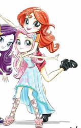 Size: 1066x1672 | Tagged: safe, artist:ritalux, fluttershy, rarity, sunset shimmer, equestria girls, g4, my little pony equestria girls: better together, official, best friends, boots, clothes, cropped, feet, female, hasbro, jacket, looking at you, sandals, shoes, skirt, smiling