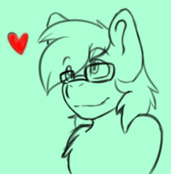 Size: 583x596 | Tagged: safe, artist:musicboxpegasus, oc, oc only, oc:wolfmane, pony, cute, glasses, heart, long hair, monochrome, smiling, smirk, solo