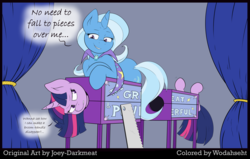 Size: 4500x2869 | Tagged: safe, artist:joey darkmeat, artist:wodahseht, trixie, twilight sparkle, pony, unicorn, g4, annoyed, bedroom eyes, box sawing trick, cape, clothes, colored, crosscut saw, cut-up by joey darkmeat, dialogue, eye contact, female, frown, glare, grin, half, hoofy-kicks, legs in air, lesbian, looking at each other, magic trick, mare, modular, prone, pun, saw, ship:twixie, shipping, sketch, smiling, teasing, trixie's cape, unamused