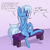 Size: 2400x2400 | Tagged: safe, artist:dsp2003, trixie, pony, unicorn, g4, 30 minute art challenge, bench, female, gradient background, high res, implied rarity, mare, offscreen character, one eye closed, single panel, sitting, solo, this will end in fire, underhoof, wink