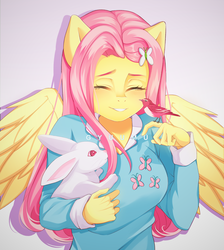 Size: 2500x2794 | Tagged: safe, artist:gyuumu, angel bunny, fluttershy, bird, pegasus, rabbit, anthro, g4, animal, bust, clothes, cute, digital art, eyes closed, female, happy, high res, mare, pleased, polo shirt, shirt, shyabetes, signature, simple background, smiling, solo, spread wings, t-shirt, text, wings