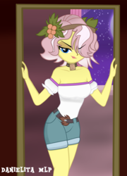 Size: 1024x1424 | Tagged: safe, artist:danielitamlp, vignette valencia, equestria girls, equestria girls series, g4, rollercoaster of friendship, bare shoulders, breasts, busty vignette valencia, clothes, curvy, female, full moon, hair over one eye, moon, night, shorts, solo, stars