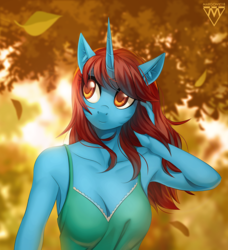 Size: 1096x1200 | Tagged: safe, artist:margony, oc, oc only, unicorn, anthro, anthro oc, armpits, clothes, commission, digital art, female, mare, rule 63, signature, smiling, solo, tree