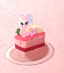 Size: 1691x1926 | Tagged: safe, artist:php146, artist:studio-chan, oc, oc only, oc:bay breeze, pegasus, pony, bow, cake, chibi, cute, female, fluffy, food, hair bow, looking at you, mare, micro, ocbetes, ponies in food, prone, solo, tiny ponies