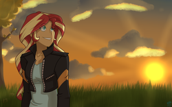 Size: 1024x637 | Tagged: safe, artist:azura-arts, sunset shimmer, equestria girls, g4, clothes, female, grass, jacket, leather jacket, pun, solo, sunset, tree, visual pun