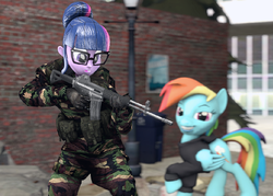 Size: 917x657 | Tagged: safe, artist:fishimira, rainbow dash, sci-twi, twilight sparkle, pegasus, pony, equestria girls, g4, 3d, clothes, daewoo k2, female, glasses, glowing, gun, hoodie, mare, rifle, smiling, soldier, source filmmaker, weapon