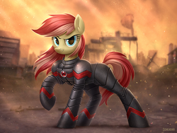 Size: 1200x900 | Tagged: safe, artist:scheadar, oc, oc only, earth pony, pony, armor, badass, commission, female, fire, mare, raised hoof, smiling, solo