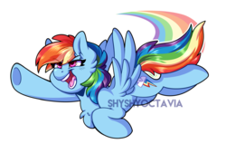 Size: 3249x2200 | Tagged: safe, artist:shyshyoctavia, rainbow dash, pegasus, pony, g4, chest fluff, female, flying, high res, mare, multicolored hair, open mouth, simple background, smiling, solo, transparent background