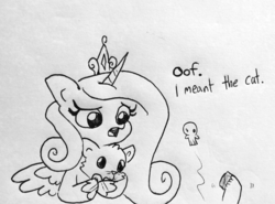 Size: 1504x1112 | Tagged: safe, artist:tjpones, princess cadance, shining armor, alicorn, cat, pony, g4, crown, faint, female, jewelry, lineart, mare, monochrome, regalia, simple background, traditional art