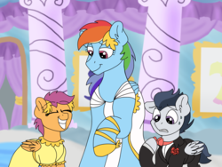 Size: 2048x1536 | Tagged: safe, artist:pastel-charms, rainbow dash, rumble, scootaloo, pegasus, pony, g4, bowtie, clothes, colt, dress, female, filly, flower filly, flower girl, flower girl dress, male, mare, suit, tuxedo, wedding dress