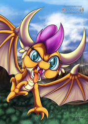 Size: 905x1280 | Tagged: safe, artist:calena, smolder, dragon, g4, school daze, season 8, claws, dragon wings, dragoness, fangs, female, fire, flying, horn, looking at you, open mouth, patreon, patreon logo, serious, serious face, sky, solo, spread wings, teeth, tongue out, wings