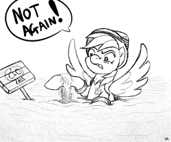 Size: 1500x1250 | Tagged: safe, artist:underwoodart, daring do, pegasus, pony, g4, clothes, female, grayscale, hat, lineart, mare, monochrome, peril, quicksand, sign, simple background, solo, stuck, traditional art, white background
