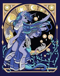 Size: 944x1200 | Tagged: safe, artist:the-paper-pony, princess luna, tiberius, alicorn, pony, g4, beautiful, clothes, cute, dress, female, lunabetes, mare, modern art, moon, night, nouveau, spread wings, stars, wings