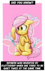 Size: 2000x3150 | Tagged: safe, artist:mustachedbain, fluttershy, pegasus, pony, g4, fact, facts, female, fun fact, fun facts, high res, mare, meme, revealed facts, sitting, solo, traditional art