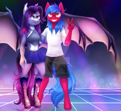 Size: 1024x944 | Tagged: safe, artist:scarlet-spectrum, oc, oc only, oc:dawn aurora, oc:firewolfy, bat pony, anthro, unguligrade anthro, anthro oc, bat pony oc, breasts, clothes, commission, cute, cute little fangs, dance club, deviantart watermark, digital art, duo, fangs, female, halter top, looking at you, male, mare, midriff, miniskirt, obtrusive watermark, pale belly, peace sign, pleated skirt, shorts, skirt, smiling, stallion, stockings, watermark, wings