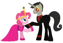 Size: 3592x2436 | Tagged: artist needed, safe, discord, pinkie pie, pony, g4, adventure time, crossover, female, high res, husband and wife, male, nergal, nergal and princess bubblegum, ponified, pony discord, princess bubblegum, ship:discopie, shipping, simple background, straight, the grim adventures of billy and mandy, white background