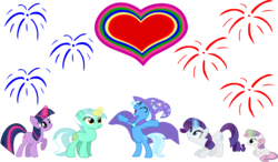 Size: 15470x9023 | Tagged: safe, artist:lman225, lyra heartstrings, rarity, sweetie belle, trixie, twilight sparkle, pony, g4, absurd resolution, female, harem, heart, holiday, lesbian, rarixie, ship:twixie, shipping, simple background, transparent background, trixie gets all the mares, valentine's day