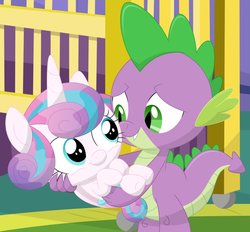 Size: 927x862 | Tagged: safe, artist:porygon2z, princess flurry heart, spike, alicorn, dragon, pony, g4, baby, baby pony, crib, cute, flurrybetes, looking at each other, spikabetes, uncle and niece, uncle spike, weapons-grade cute