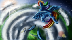 Size: 3840x2160 | Tagged: safe, artist:qbellas, derpy hooves, rainbow dash, pegasus, pony, g4, cloud, duo, feather, flying, high res