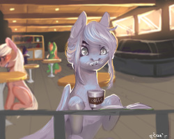 Size: 2834x2268 | Tagged: artist needed, source needed, safe, oc, oc only, pony, blurry background, blushing, book, cafe, coffee, high res, messy eating, sitting, table