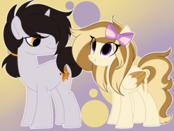 Size: 1024x775 | Tagged: safe, artist:thehaywaiianhorse, oc, oc only, oc:pumpkin spice, oc:vanilla sky, pegasus, pony, unicorn, female, male, mare, stallion