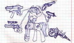 Size: 1154x666 | Tagged: safe, artist:nyxia, oc, oc only, oc:littlepip, pony, unicorn, fallout equestria, clothes, cutie mark, energy weapon, eyes closed, fanfic, fanfic art, female, glowing horn, graph paper, gun, handgun, hooves, horn, jumpsuit, levitation, little macintosh, magic, magical energy weapon, mare, monochrome, open mouth, optical sight, pipbuck, plasma rifle, revolver, sawed off shotgun, shotgun, simple background, solo, submachinegun, telekinesis, traditional art, vault suit, weapon, white background