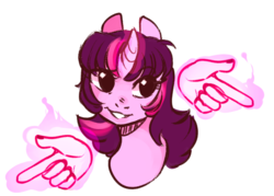 Size: 812x580 | Tagged: safe, artist:catzino, twilight sparkle, pony, g4, bust, female, finger gun, finger guns, glowing horn, hand, horn, magic, magic hands, simple background, solo, white background