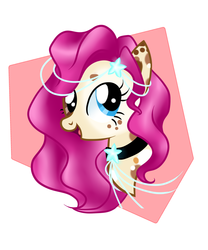 Size: 1000x1200 | Tagged: safe, artist:flufflesauce, oc, oc only, pony, abstract background, accessory, bust, collar, female, happy, heterochromia, mare, open mouth, simple background, smiling, solo