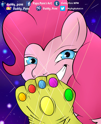 Size: 778x960 | Tagged: safe, artist:daddy_pone, pinkie pie, earth pony, pony, g4, avengers: infinity war, bust, evil smile, female, grin, infinity gauntlet, infinity gems, signature, smiling, solo, xk-class end-of-the-world scenario