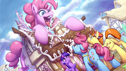 Size: 2500x1413 | Tagged: safe, artist:tsitra360, carrot cake, cup cake, gummy, pinkie pie, rainbow dash, twilight sparkle, alicorn, earth pony, pegasus, pony, g4, destruction, eating, food, giant pony, group, looking up, macro, male, object vore, open mouth, pica, ponyville, sextet, signature, speedpaint available, stallion, sugarcube corner, teeth, twilight sparkle (alicorn), what has magic done, what has science done, wing hands, wings