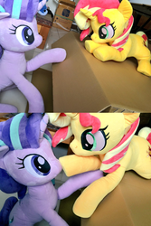 Size: 1024x1531 | Tagged: safe, artist:nekokevin, starlight glimmer, sunset shimmer, pony, unicorn, series:nekokevin's glimmy, g4, boop, box, cute, duo, female, glimmerbetes, irl, looking at each other, lying down, mare, photo, plushie, raised hoof, shimmerbetes, sitting, smiling, underhoof