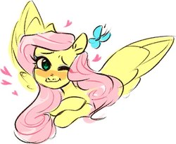 Size: 895x734 | Tagged: safe, artist:catzino, fluttershy, butterfly, pegasus, pony, g4, blushing, female, heart, mare, one eye closed, simple background, smiling, solo, white background, wink