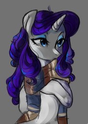 Size: 399x556 | Tagged: safe, artist:catzino, rarity, pony, unicorn, g4, alternate hairstyle, clothes, female, gray background, mare, scarf, simple background, solo