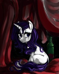 Size: 1640x2048 | Tagged: safe, artist:catzino, rarity, pony, unicorn, g4, alcohol, alternate hairstyle, bed, bottle, crying, depression, female, frown, lidded eyes, looking at you, looking back, makeup, mare, missing cutie mark, running makeup, sad, sitting, solo, wine