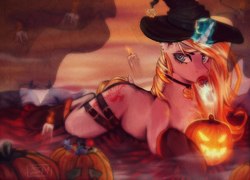 Size: 1280x920 | Tagged: safe, artist:samarina, oc, oc only, pony, candle, candy, food, glowing horn, halloween, holiday, horn, jack-o-lantern, magic, pumpkin, solo, telekinesis, witch