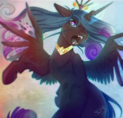 Size: 2047x1953 | Tagged: safe, artist:samarina, queen chrysalis, alicorn, changeling, changeling queen, pony, a canterlot wedding, g4, character to character, crown, disguise, disguised changeling, fake cadance, fangs, female, hybrid wings, jewelry, mare, mid-transformation, open mouth, peytral, regalia, solo, spread wings, transformation, transforming accessories, wings