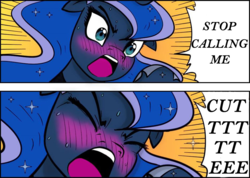 Size: 960x685 | Tagged: artist needed, safe, edit, editor:childofthenight, princess luna, alicorn, pony, g4, angry, blushing, comic, crossing the memes, cute, dialogue, ears back, eyes closed, female, frown, glare, i'm not cute, mare, meme, open mouth, solo, sweat, tsundere, tsunderuna, wide eyes, yelling