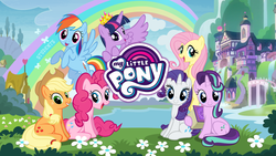 Size: 1280x720 | Tagged: safe, gameloft, applejack, fluttershy, pinkie pie, rainbow dash, rarity, starlight glimmer, twilight sparkle, alicorn, pony, g4, book, logo, mane six, new crown, school of friendship, twilight sparkle (alicorn)