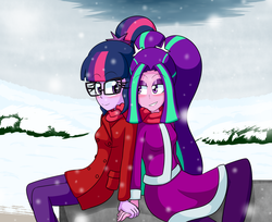 Size: 1512x1234 | Tagged: safe, artist:jake heritagu, aria blaze, sci-twi, twilight sparkle, equestria girls, g4, blushing, clothes, female, glasses, holding hands, lesbian, lidded eyes, looking at each other, scarf, shared clothing, shipping, sitting, smiling, snow, sparkleblaze