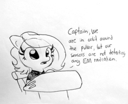 Size: 1732x1398 | Tagged: safe, artist:tjpones, oc, oc only, oc:brownie bun, earth pony, pony, black and white, clothes, dialogue, female, grayscale, mare, monochrome, solo, speech, star trek, traditional art, uniform