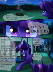 Size: 3624x4899 | Tagged: safe, artist:malajahr, twilight sparkle, alicorn, pony, comic:curse and madness, g4, close-up, comic, cultist, dark, female, forest, hooded cape, mare, mlpcam, moon, night, ponyville, stars, text bubbles, twilight sparkle (alicorn)