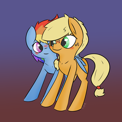 Size: 1920x1920 | Tagged: safe, artist:ezupack, applejack, rainbow dash, earth pony, pegasus, pony, g4, blushing, cuddling, cute, female, happy, lesbian, looking at each other, mare, ship:appledash, shipping, signature, simple background, smiling, wing blanket
