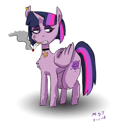 Size: 2000x2000 | Tagged: safe, artist:skeletonburglar, twilight sparkle, alicorn, pony, g4, choker, female, goth, high res, mare, pentagram, redesign, short hair, simple background, smoking, twilight sparkle (alicorn), white background