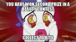 Size: 600x334 | Tagged: safe, edit, edited screencap, screencap, rarity, pony, g4, the cart before the ponies, discovery family logo, eye reflection, female, filly, filly rarity, image macro, impact font, meme, monopoly, reflection, solo, squishy cheeks, younger