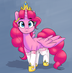 Size: 3630x3715 | Tagged: safe, artist:pabbley, pinkie pie, alicorn, pony, g4, 30 minute art challenge, alicornified, blue background, clothes, cute, diapinkes, female, high res, hoof shoes, pinkiecorn, race swap, simple background, socks, solo, stockings, thigh highs, xk-class end-of-the-world scenario