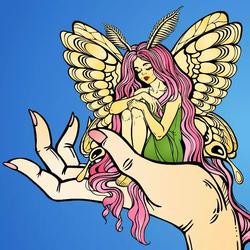 Size: 800x800 | Tagged: safe, editor:themultibrony21, fluttershy, fairy, human, equestria girls, g4, blue background, fluttermoth, holding, in goliath's palm, recolor, simple background