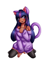 Size: 989x1280 | Tagged: safe, artist:mylittleyuri, twilight sparkle, human, g4, blushing, catgirl, clothes, dark skin, eared humanization, female, humanized, kneesocks, looking at you, neko, nyan, open mouth, simple background, sitting, socks, solo, stockings, sweater, tail, thigh highs, twilight cat, white background
